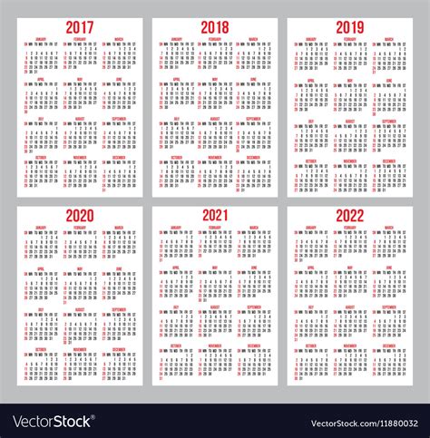 Set Of Calendar Grid For Years 2017 2022 Vector Image