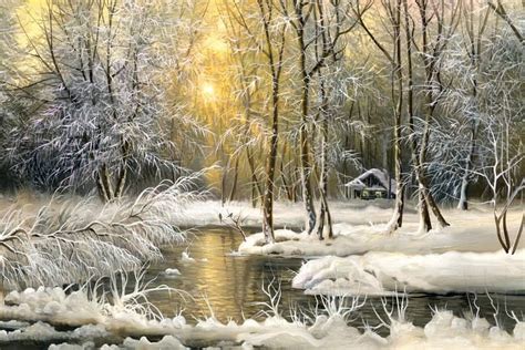 Snow River Forest Creek Winter Landscape Self Adhesive