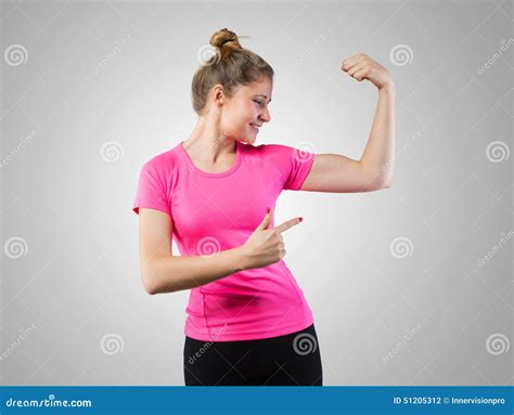 Muscular Woman Pointing On Her Bicep Stock Photo Image Of Confidence