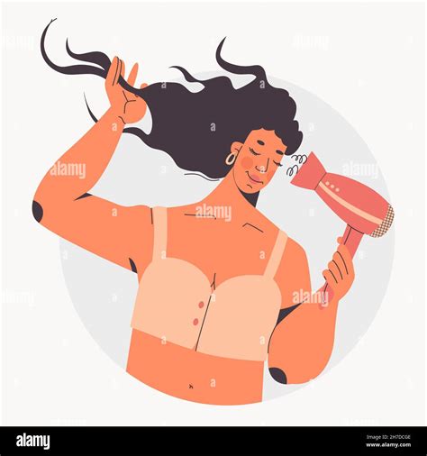 Cute Girl Dries Her Hair With A Hairdryer Vector Character