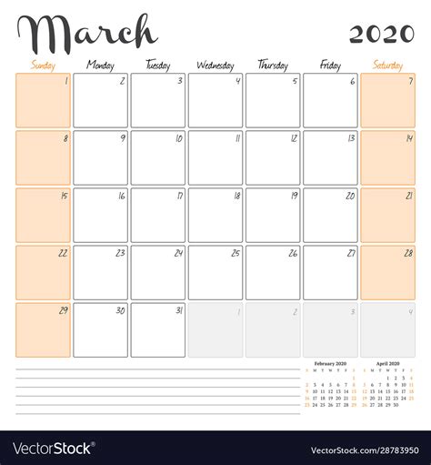 March 2020 Monthly Calendar Planner Printable Vector Image