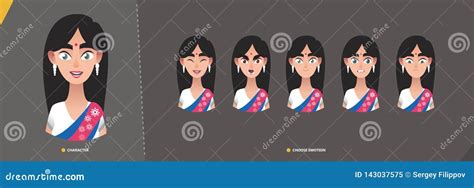 Indian Woman Girl Character Set Of Emotions Stock Illustration