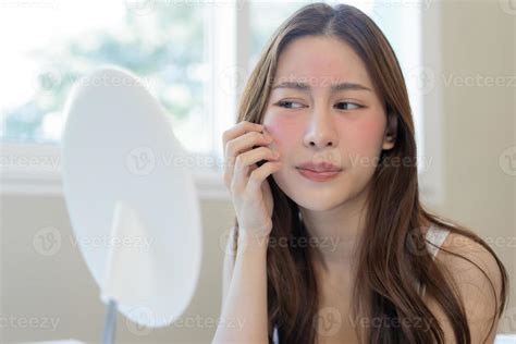 Dermatology Puberty Asian Young Woman Girl Looking Into Mirror