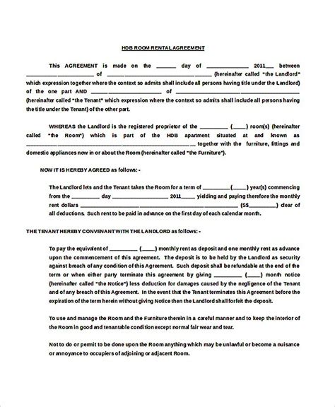However, the landlord would need to provide information such as the amount of the rental and rental. HDB Room Rental Agreement Free Doc Template Download , 9 ...