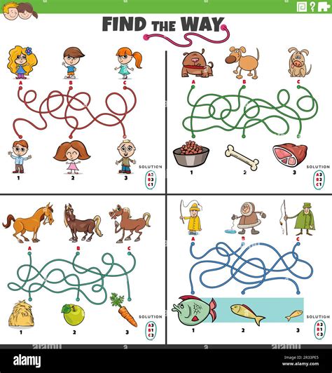 Cartoon Illustration Of Find The Way Maze Puzzle Games Set With Comic