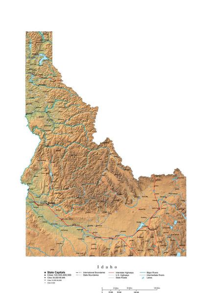 idaho illustrator vector map with cities roads and photoshop terrain image