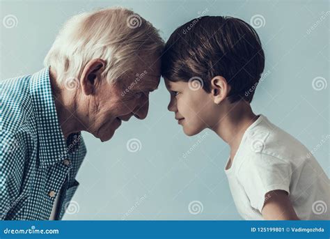 Handsome Grandpa And Grandson On Blue Background Stock Image Image Of