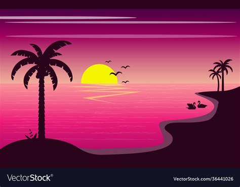 Beautiful Sunset Beach Retro Style And Palm Trees Vector Image