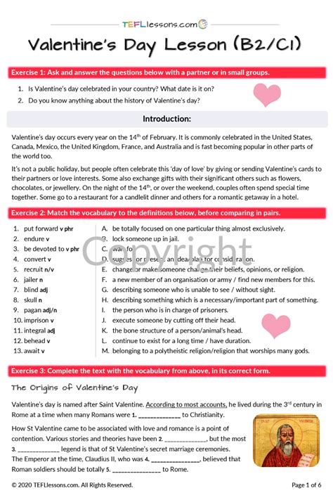Valentines English Lesson B2c1 Level Esl Materials Teach English Teaching English