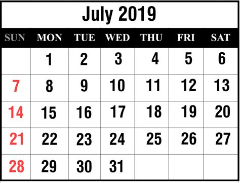 Blank July 2019 Calendar Printable In Pdf Word Excel Printable