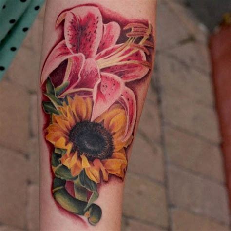 A Bold Sunflower And Lily Pairing Inked Tattoo Flower Sunflower