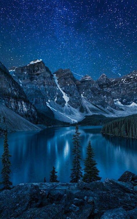 Snowy Mountains Under The Stars Beautiful Lake Trees Forest With The