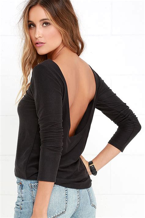 Washed Black Top Long Sleeve Top Backless Top 2900