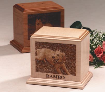 These handmade wooden cremation urns incorporate a small living plant into the vessel, such a lovely detail. Pet Urns: Laser Engraved Cat Cremation Urn - Cherry