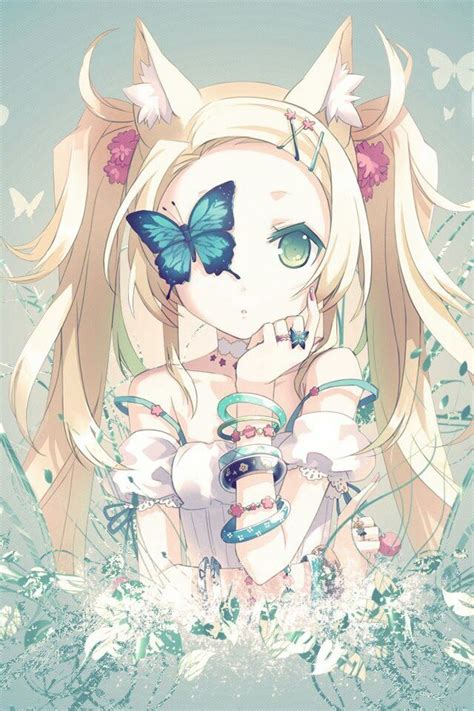 Anime Girl Blue Butterfly Cute Blonde Hair Green Eyes