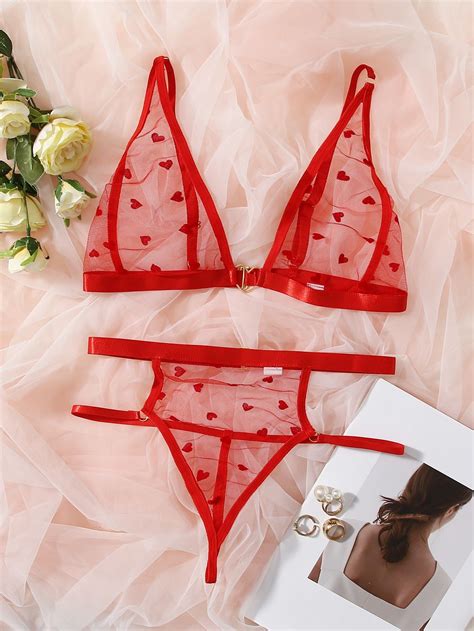 red sexy mesh heart sexy sets embellished slight stretch women intimates lingerie set kinky