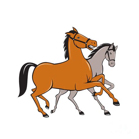 Two Horses Prancing Side Cartoon Digital Art By Aloysius