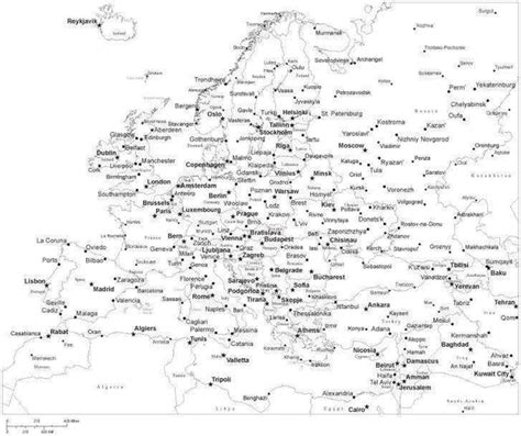 Black And White Europe Map With Countries And Major Cities Europe 533881