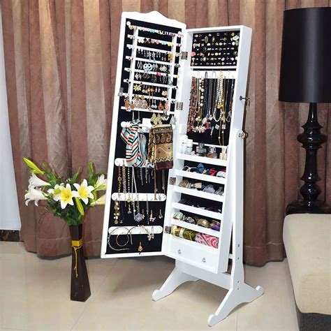Storage And Organization Organizedlife White Floor Standing Oval Jewelry Cabinet Chest With Mirror