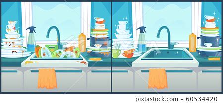 Washing Dishes In Sink Dirty Dish In Kitchen Stock Illustration