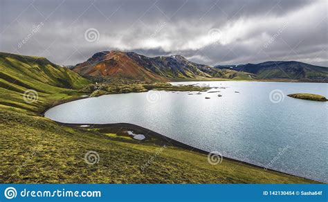 Panorama Of Frostastadavatn Lake And Namshraun Lava Area In Highlands