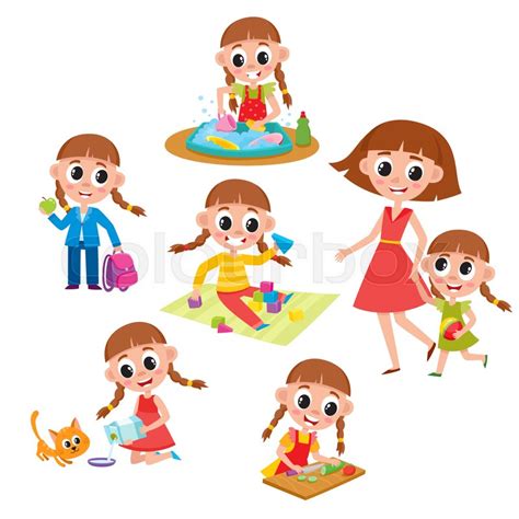 Daily Routine Set Little Girl Washing Stock Vector