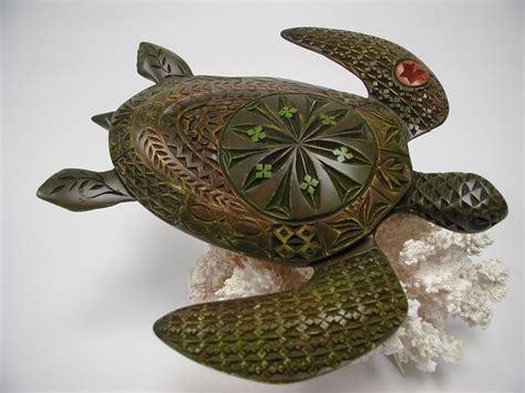Hand Carved Wooden Green Sea Turtle Turtle Carving Carved Fish