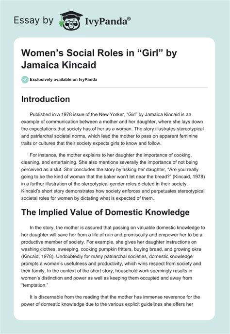 Women S Social Roles In Girl By Jamaica Kincaid 907 Words Essay Example