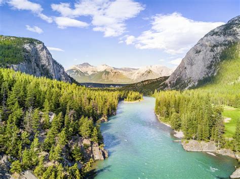 Aerial View Of Bow River In Rockies Mountains Banff National Pa Stock