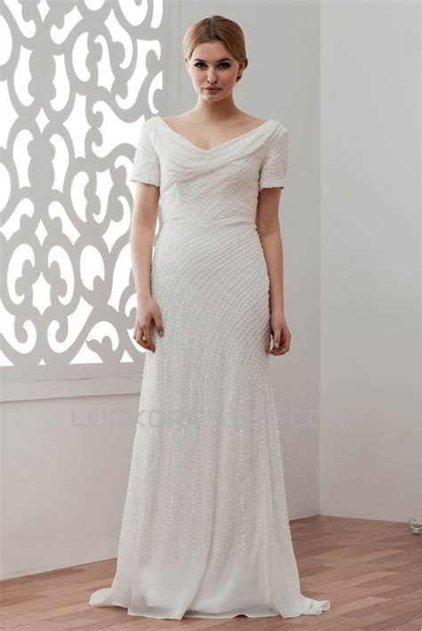 Short Sleeves Sheathcolumn V Neck Beaded Sequins Wedding Dresses 2030903
