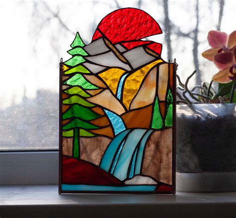 Stained Glass Mountain Landscape Stained Glass Waterfall Etsy