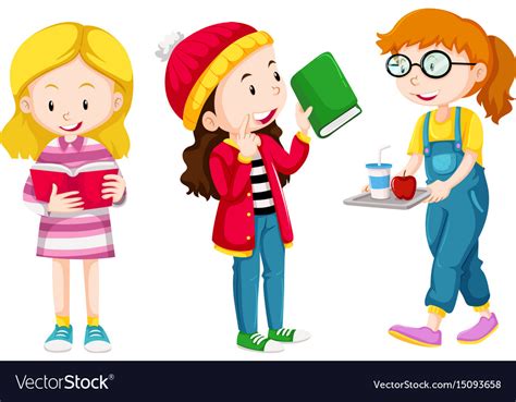 Three Girls Doing Different Things Royalty Free Vector Image