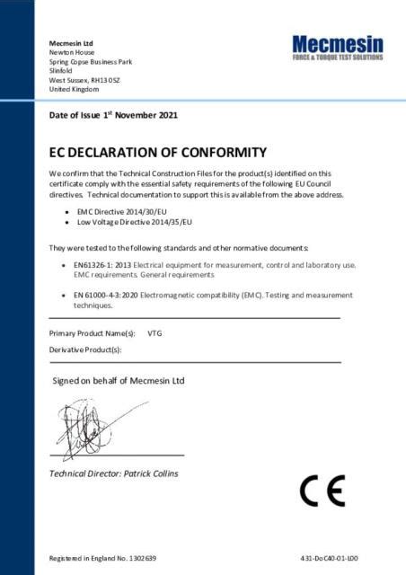 Ec Declaration Of Conformity Vtg Mecmesin Support
