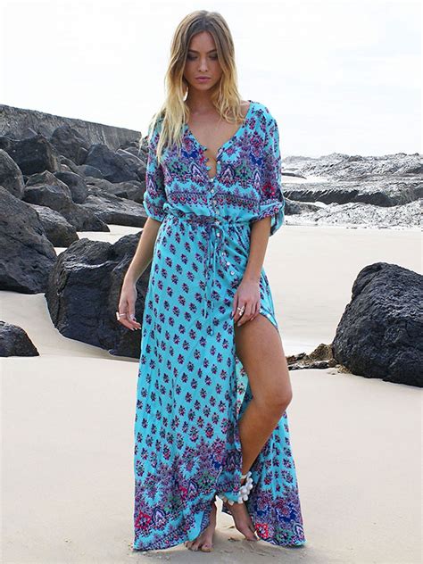 Boho Maxi Dress Print Split Long Sleeve V Neck Summer