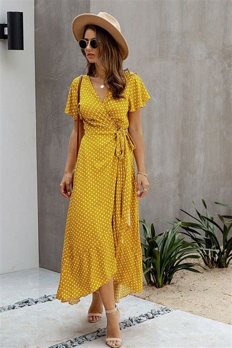 Polka Dot Wrap Dress With V Neck And Short Sleeve Wrap Dress Outfit