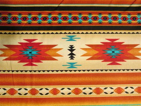 Navajo Gold Orange Teal Traditonal Border Cotton Fabric 299 Via
