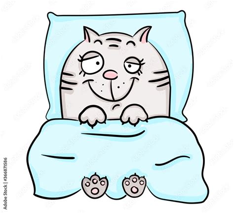 Cute Cat Sleeping In Bed On A Pillow Under A Blanket Cartoon Style