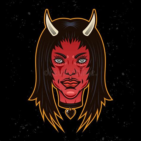 Devil Girl Head With Horns Colored Illustration In Cartoon Style