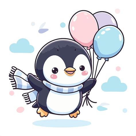 Premium Vector Cute Penguin Flying With Balloons Cartoon Vector