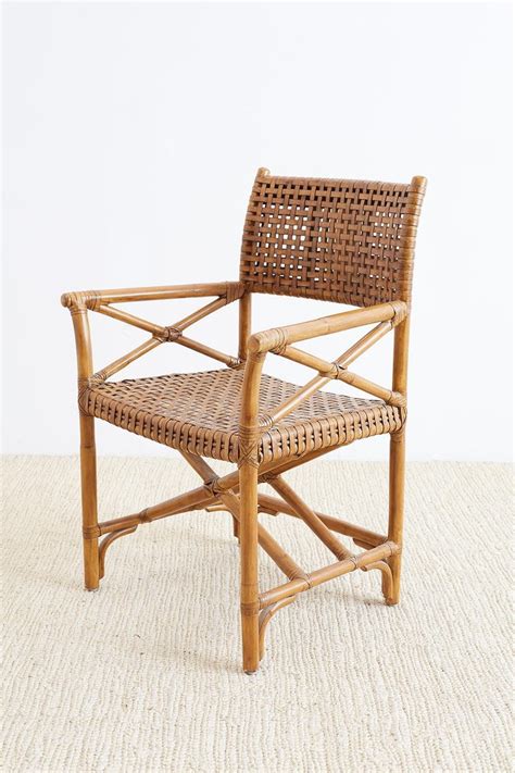 Woven leather dining chairs for sale. McGuire Style Woven Leather Rattan Dining Chairs at 1stdibs