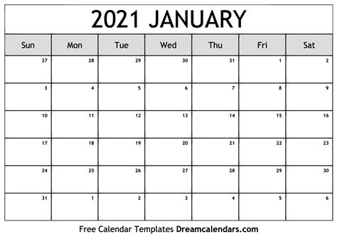 Download Printable January 2021 Calendars