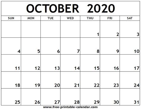 October 2020 Monthly Calendar Blank Printable Example Calendar Printable