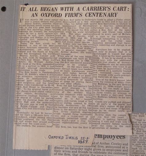 Oxford Times Friday 22nd March 1957 Archer Cowleys Centenary Story