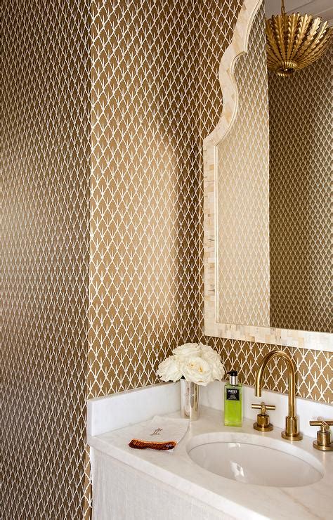 Brown And Gold Powder Room With Mughal Leaf Wallpaper