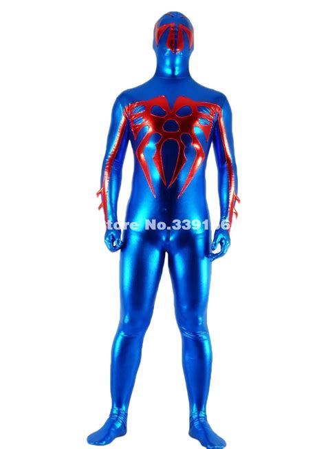 Free Shipping Classic Adult Blue And Red Shiny Metallic Spiderman Zentai Bodysuit Superhero