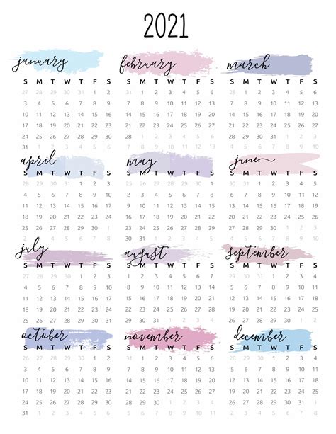 Pretty 2021 calendar free printable template. Watercolor One Page 2021 Calendar - World of Printables