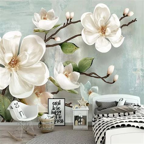 Custom Any Size Wall Mural Wallpaper 3d Embossed Magnolia Flower Wall