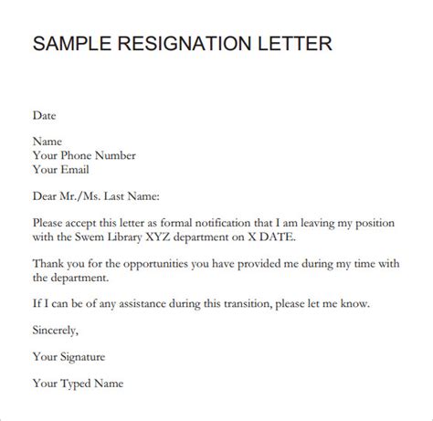 Sample Resignation Letter Short Notice 6 Free Documents Download In
