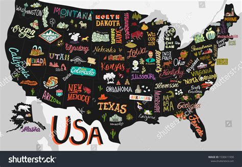 Illustrated Map Usa Poster States Attractions Stock Vector Royalty
