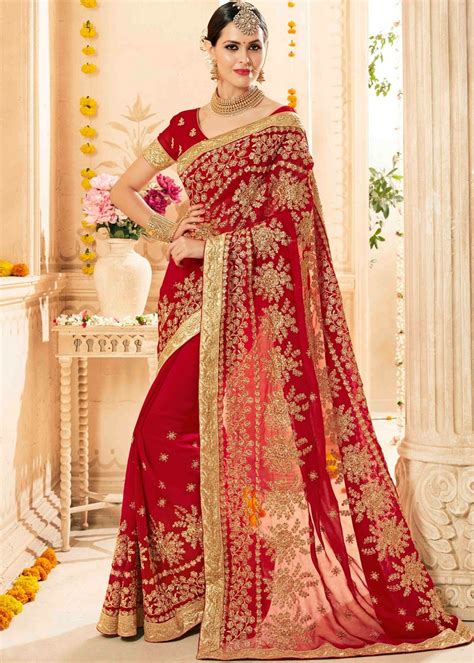 Red Saree Bollywood Heavy Georgette Designer Soft Sari Heavy Border Party Wear Clothing Shoes